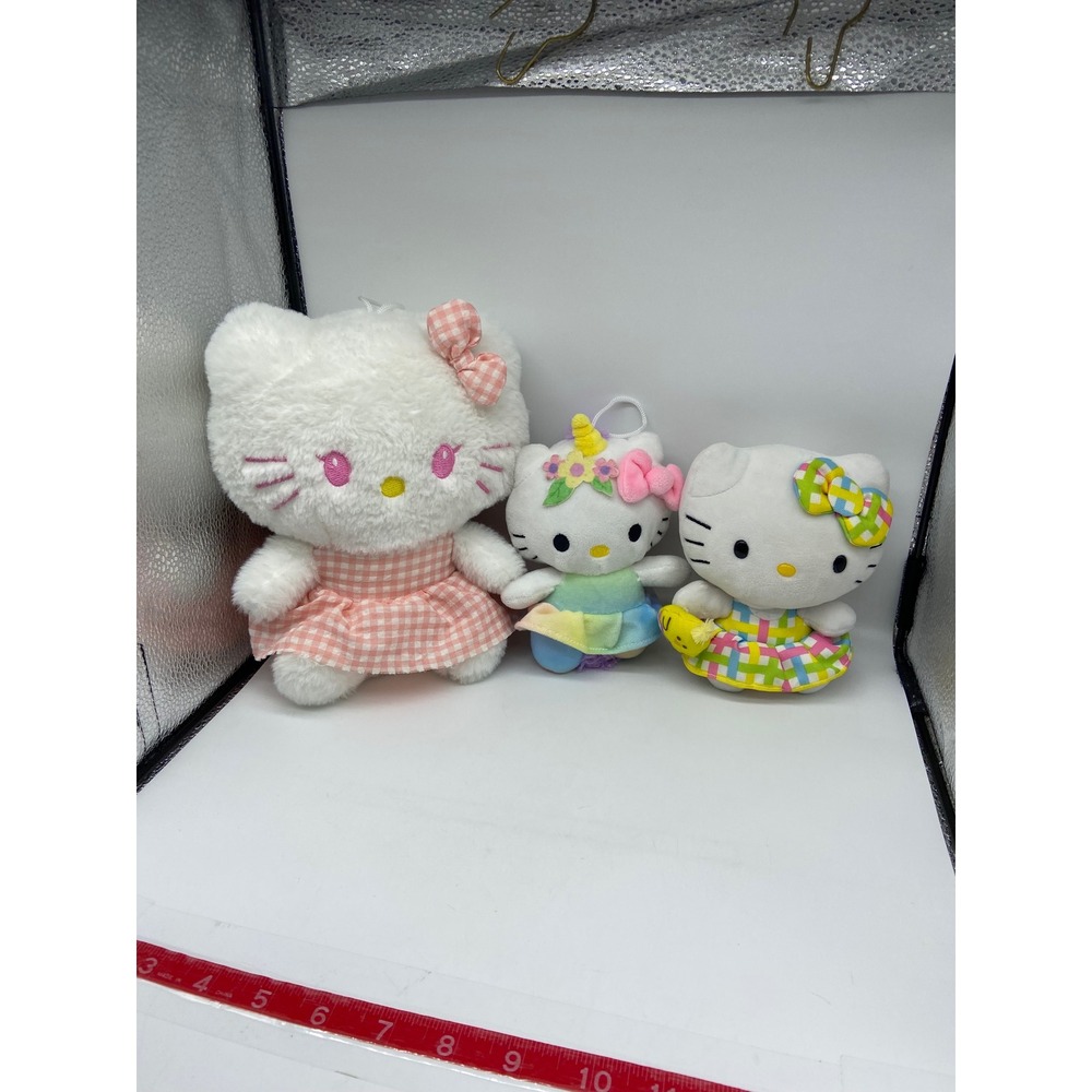 Sanrio Hello Kitty Plush Set White Pink Gingham Unicorn Rainbow 3 Piece Lot